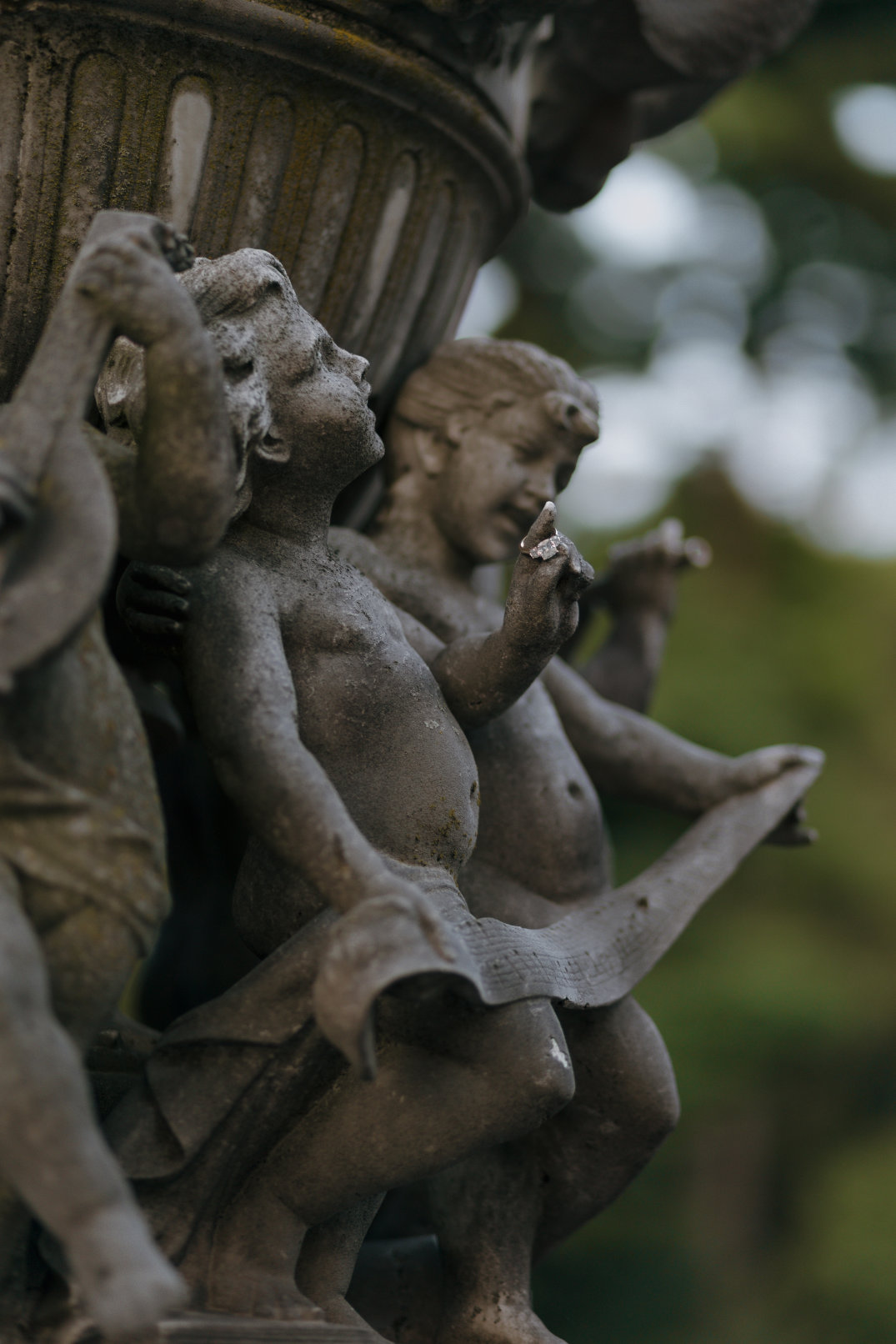 Close-up detail of a stone cherub statue surrounded by greenery, photographed by Chloe Elizabeth Photography.