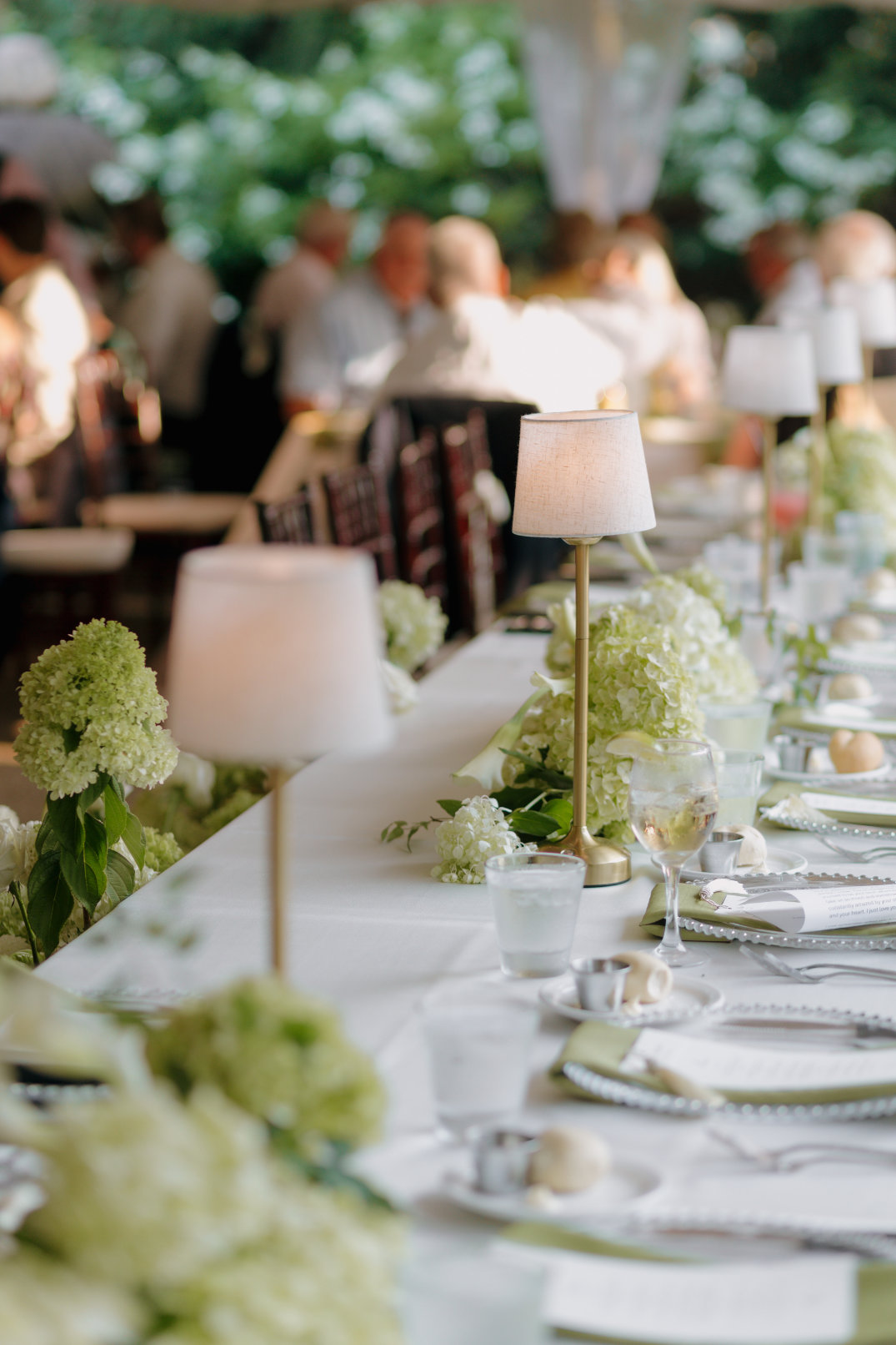 Elegant banquet with a long table set outdoors; adorned with white lamps, green hydrangeas, glassware, and plates; guests in background, warm ambiance.